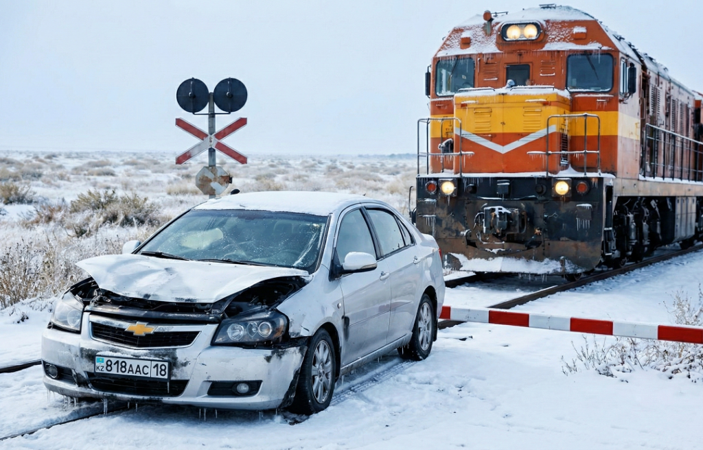 В Актау легковушка столкнулась с тепловозом на железнодорожном переезде